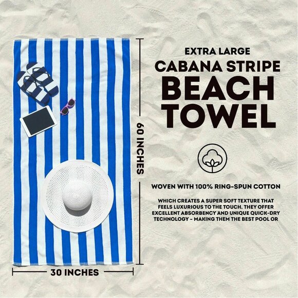 Ultra-Soft Quick-Dry 100%  Cotton Striped  Pool Cabana Beach Hotel Towel Set - Picture 4 of 7